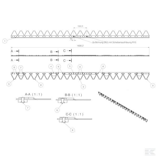 H150054001KR зубчатый нож  1,60m Bucher