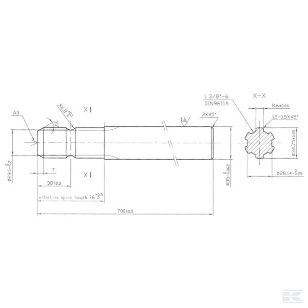 6735701KR Шлицевый вал 700L 1.3/8 Одност