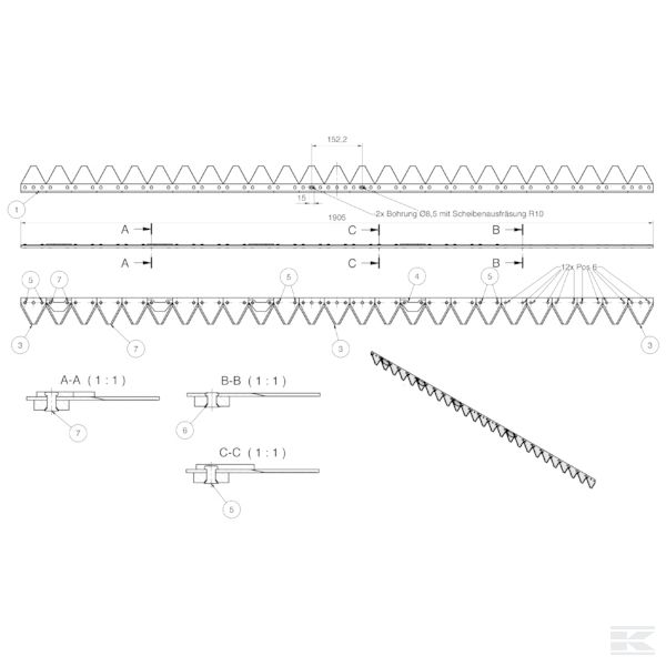 H15004379KR зубчатый нож  1,90m Bucher